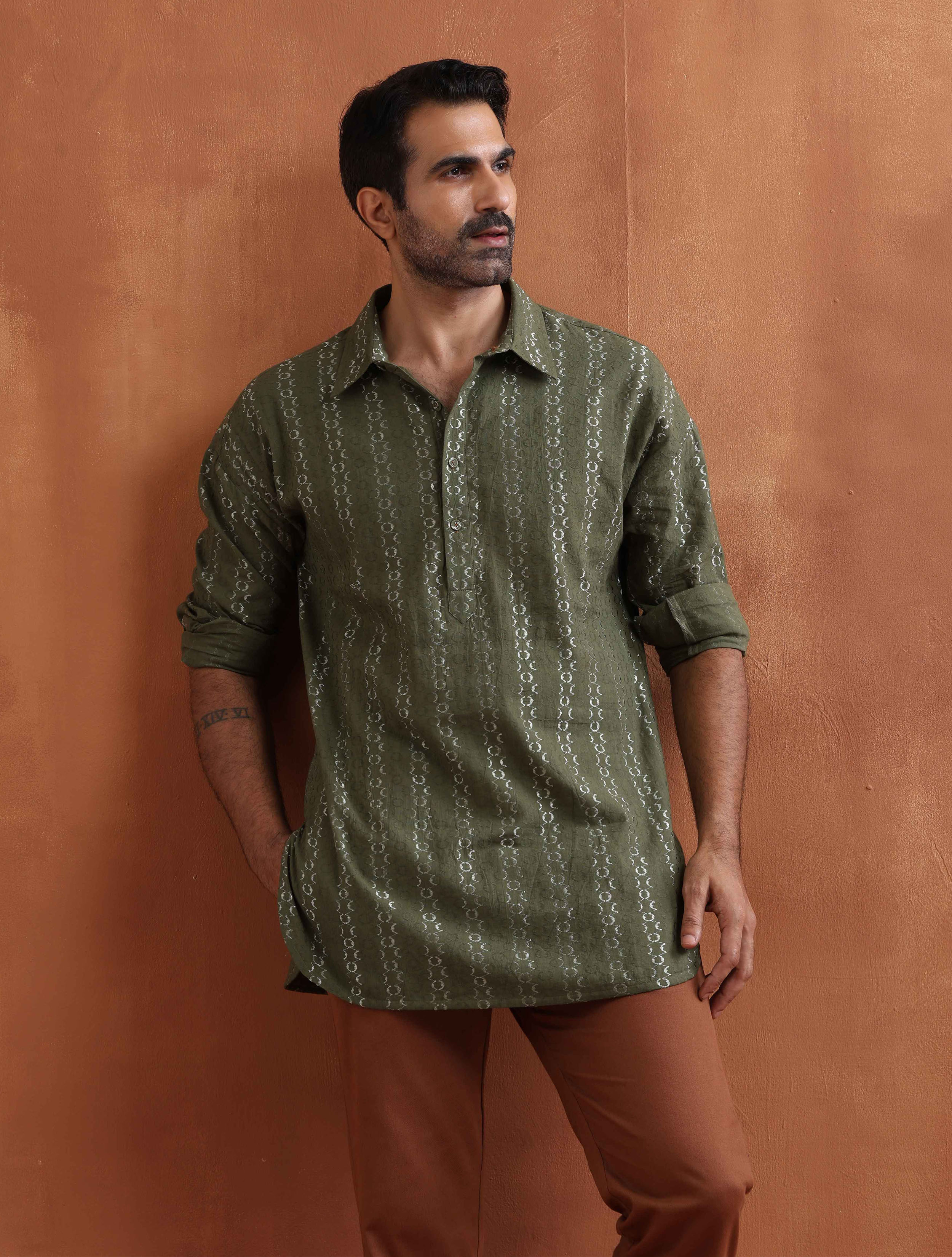trueBrowns Men's Olive Green Cotton Dobby Short Kurta - Distacart