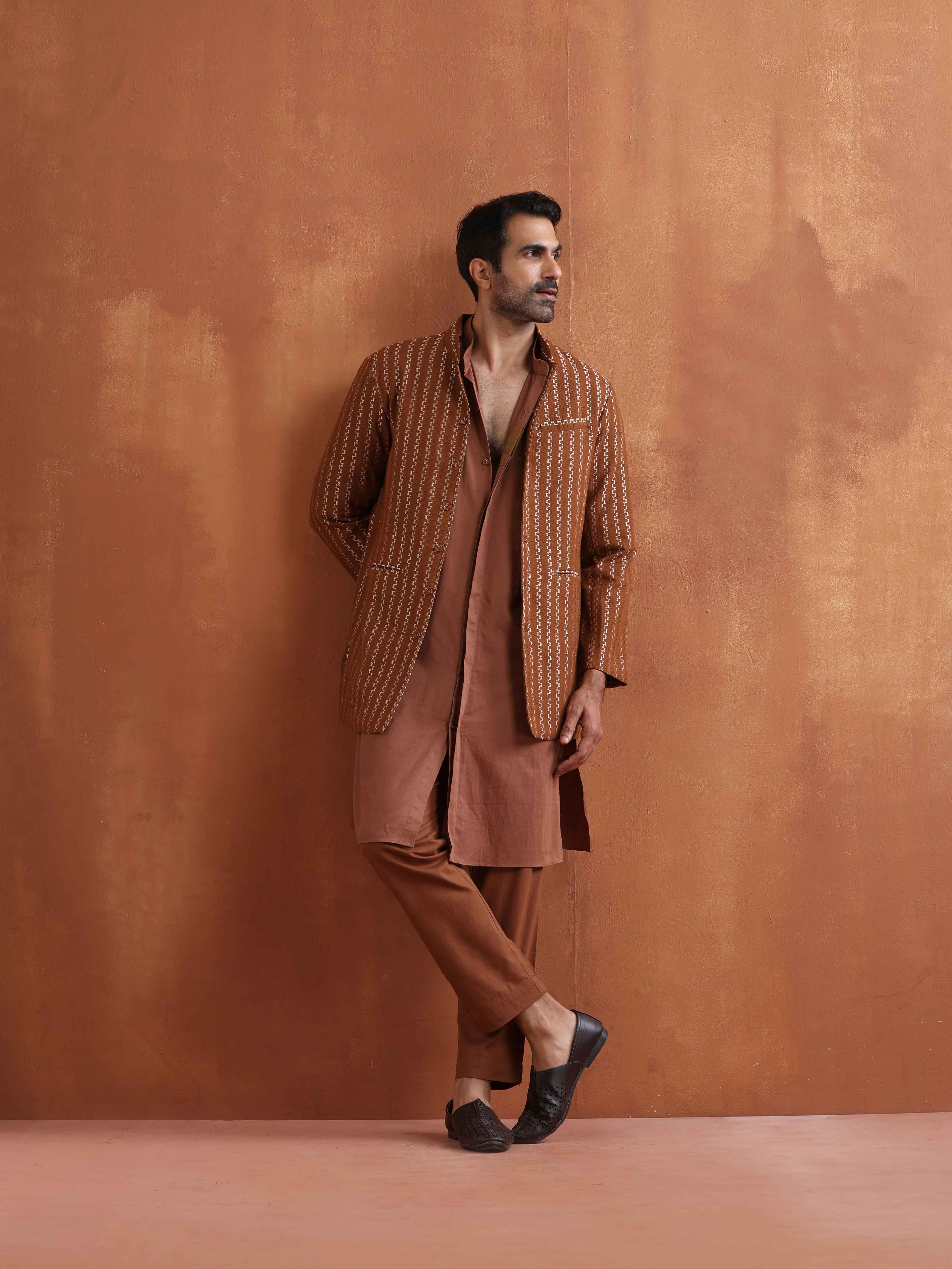 trueBrowns Men's Brown Cotton Dobby Long Jacket - Distacart