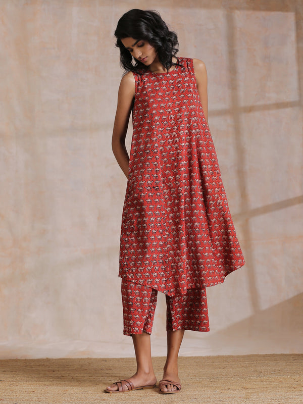 trueBrowns Rust Red Bagru Camel Print Cotton High-Low Co-Ord Set - Distacart