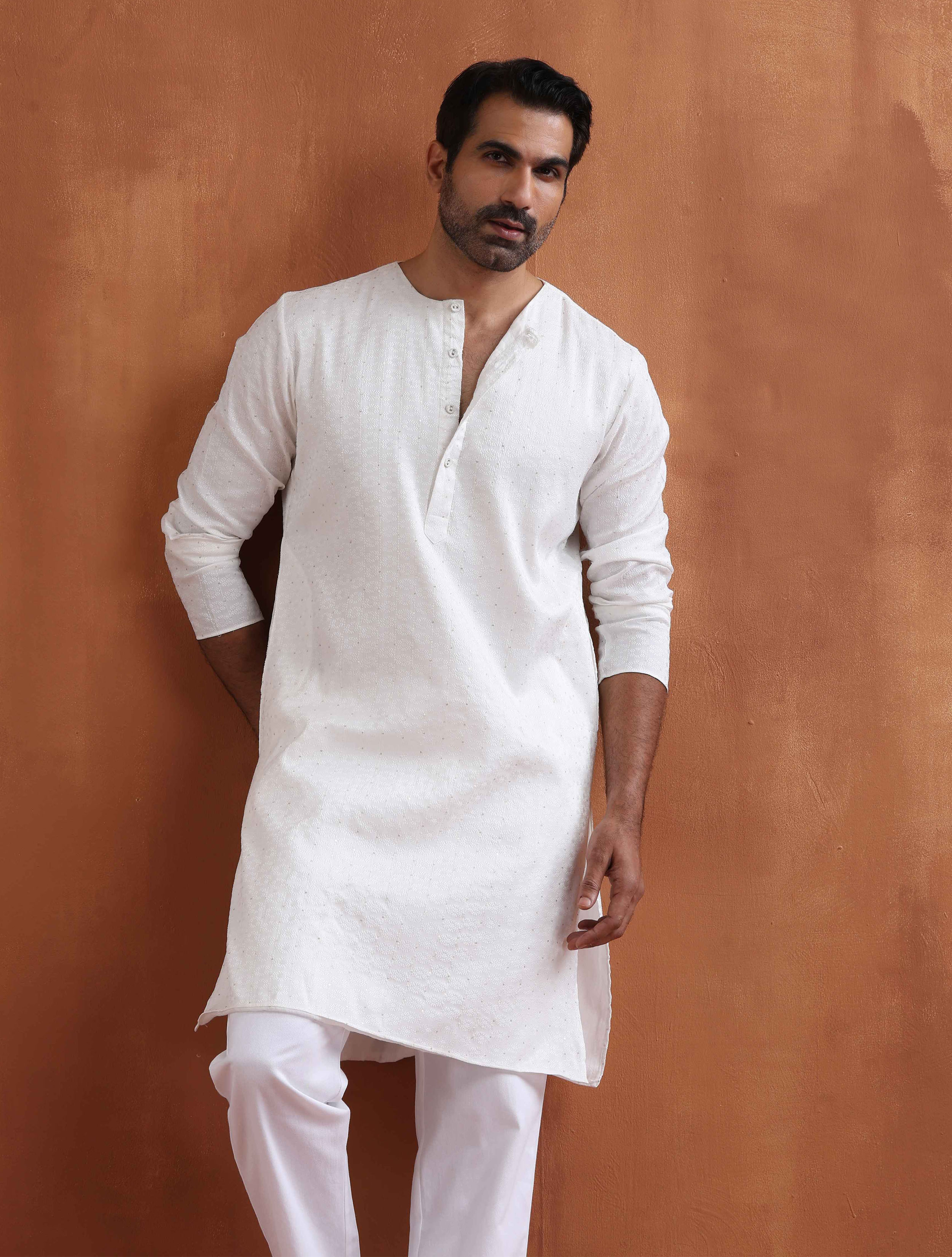 trueBrowns Men's Ivory Sequin Chanderi Kurta - Distacart