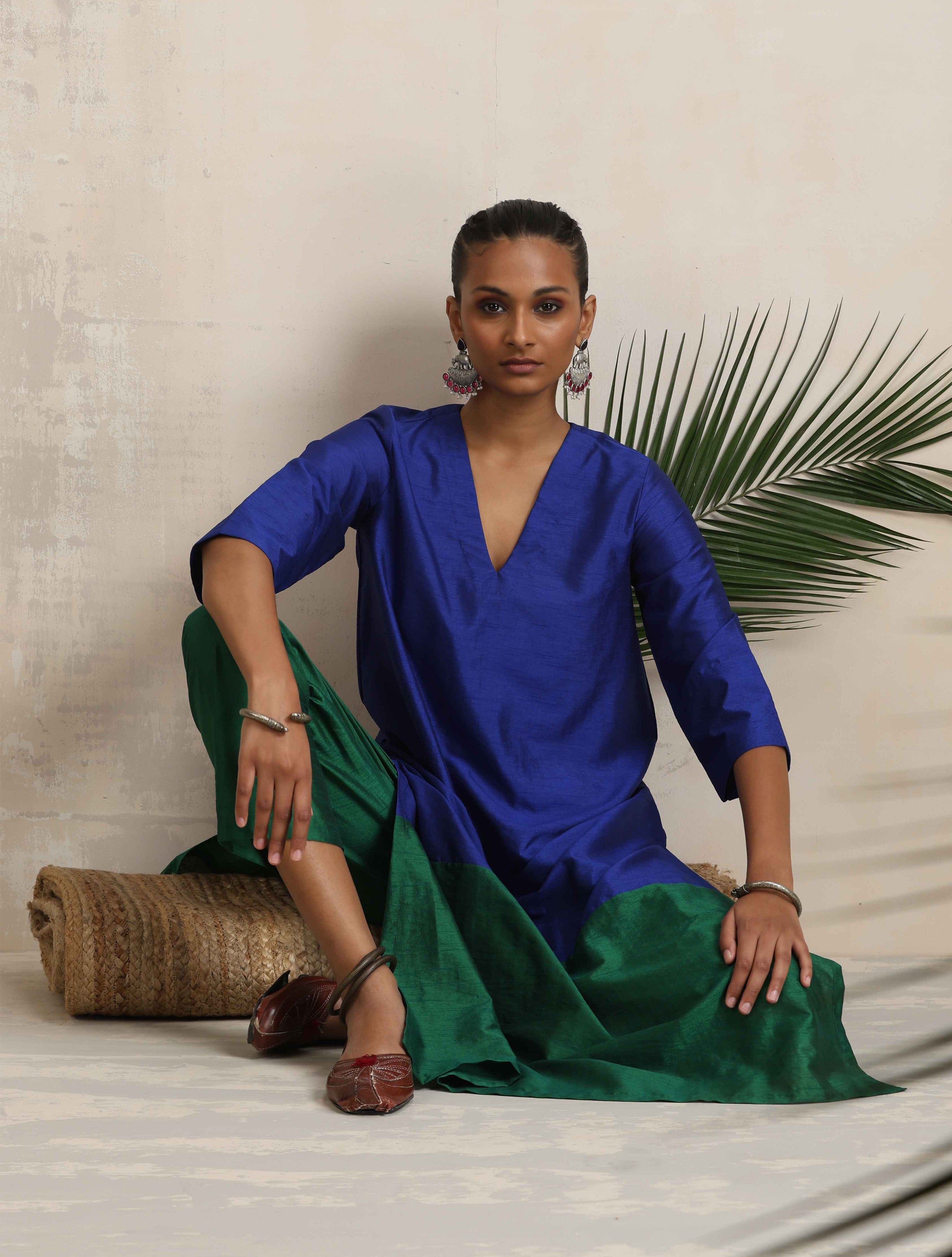 trueBrowns Blue Silk Kurta Set - Distacart