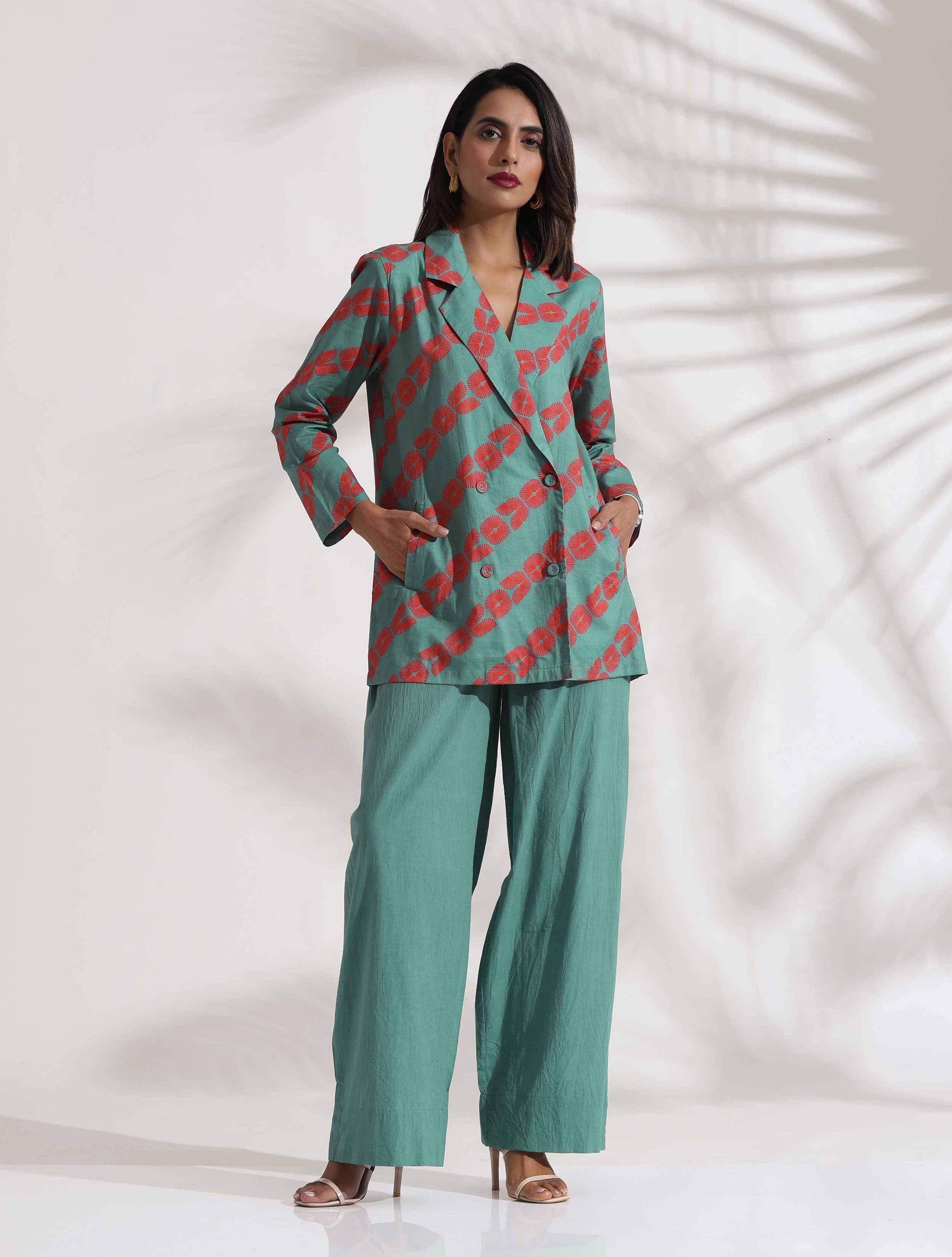 trueBrowns Green Cotton Print Jacket Top Co-ord Set - Distacart