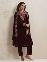 Thumbnail for trueBrowns Maroon Velvet Floral Embroidered Kurta Pant Dupatta Set