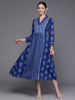 Thumbnail for Ahalyaa Floral Print Midi Pure Cotton Ethnic Dress with Lace Inserts Detail - Distacart