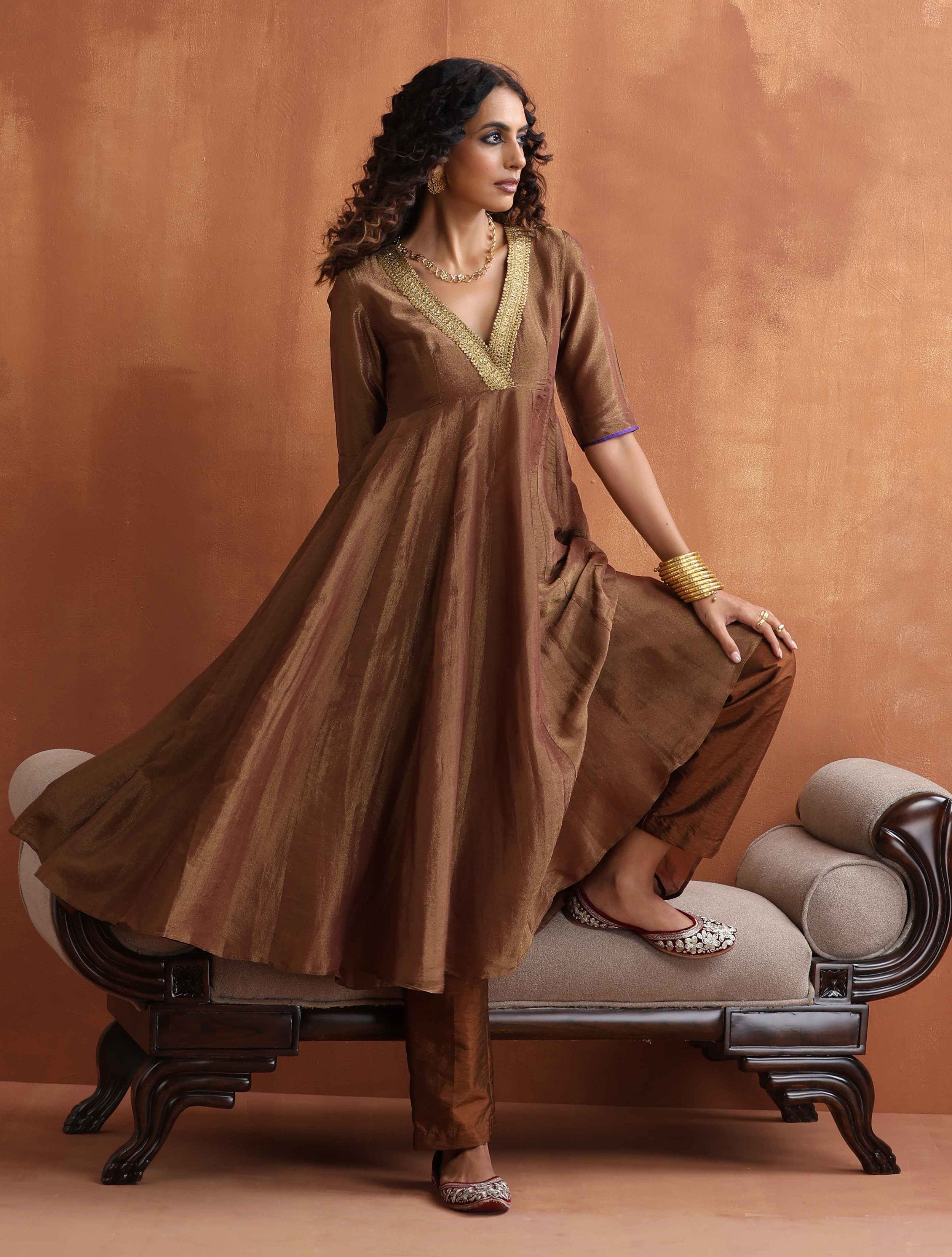 trueBrowns Bronze Tissue Flared Anarkali Kurta Set - Distacart