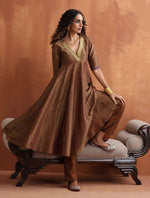 Thumbnail for trueBrowns Bronze Tissue Flared Anarkali Kurta Set
