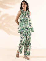 Thumbnail for trueBrowns Green Cotton Ikat Sleeveless Co-ord Set - Distacart