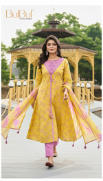 Thumbnail for BulBul Karina Cotton Mustard Kurta Set with Dupatta