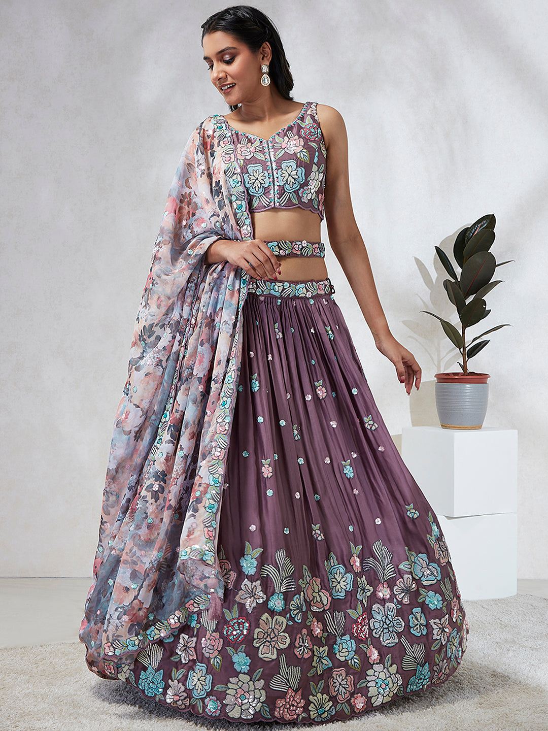 House of Panchhi Lavender Georgette Sequins And Thread Embroidery Lehenga Choli & Dupatta - Distacart