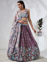 Thumbnail for House of Panchhi Lavender Georgette Sequins And Thread Embroidery Lehenga Choli & Dupatta - Distacart
