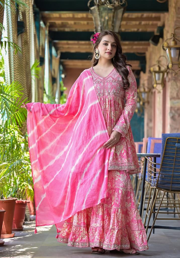 Varanga Women Pink Floral Printed Mirror Work Anarkali Kurta With Sharara And Dupatta - Distacart