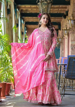 Thumbnail for Varanga Women Pink Floral Printed Mirror Work Anarkali Kurta With Sharara And Dupatta - Distacart