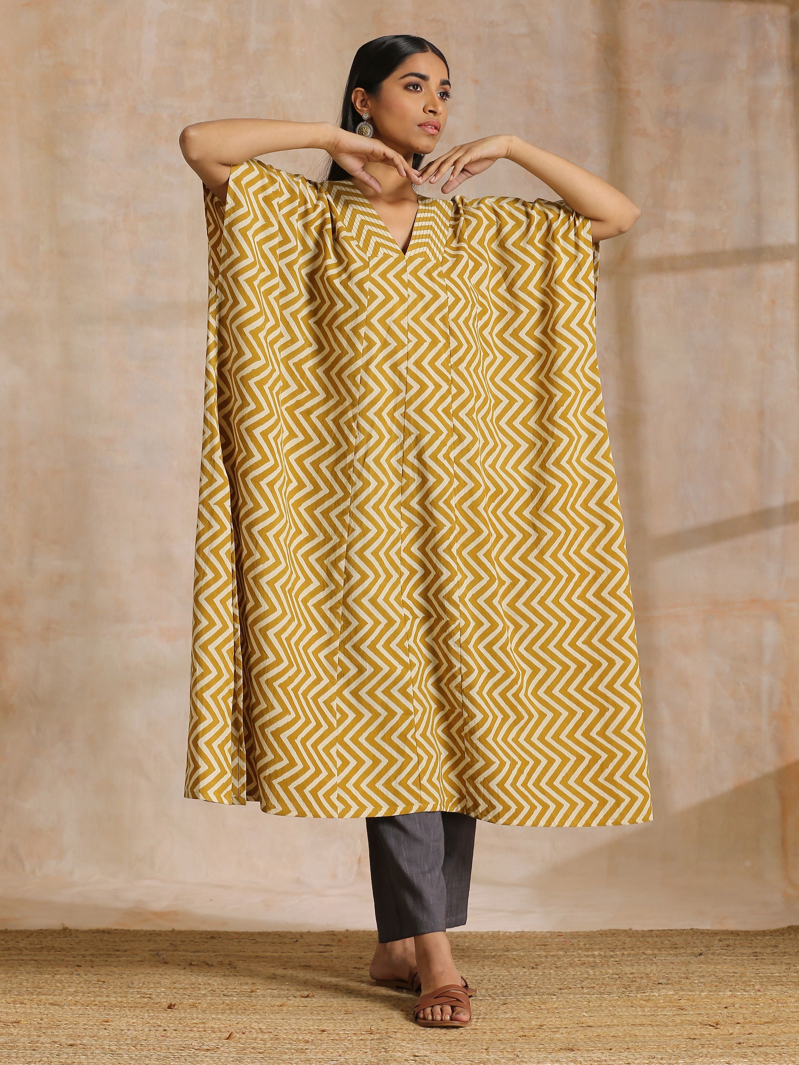 trueBrowns Mustard Dabu Zig-Zag Lines Print Cotton Panel Kaftan Kurta Pant Set - Distacart