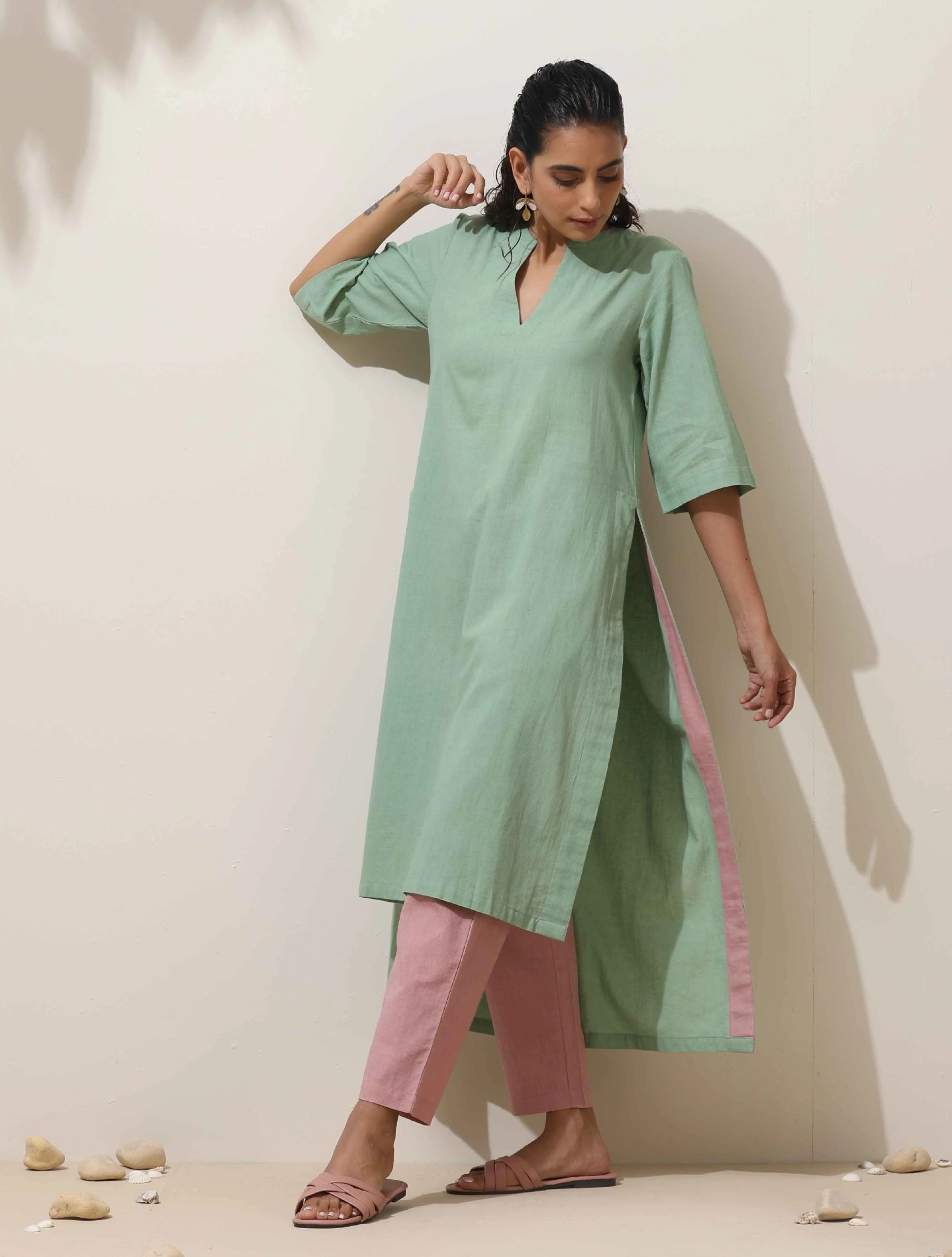 trueBrowns Mint Green Cotton Linen Kurta Pant Set - Distacart