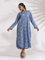 Thumbnail for trueBrowns Blue Cotton Floral Embroidered Dress - Distacart