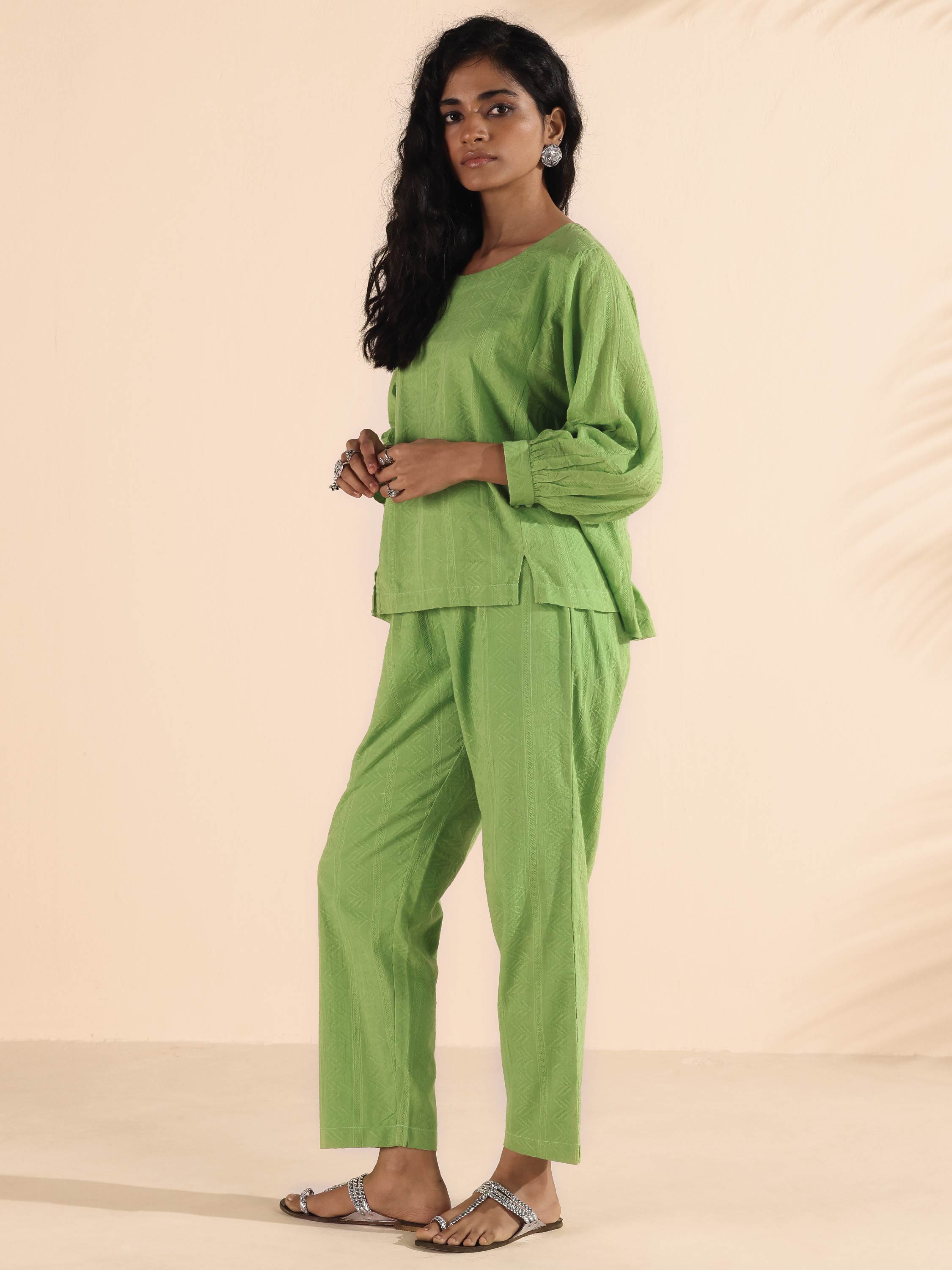 trueBrowns Green Cotton Dobby Short Co-ord Set - Distacart