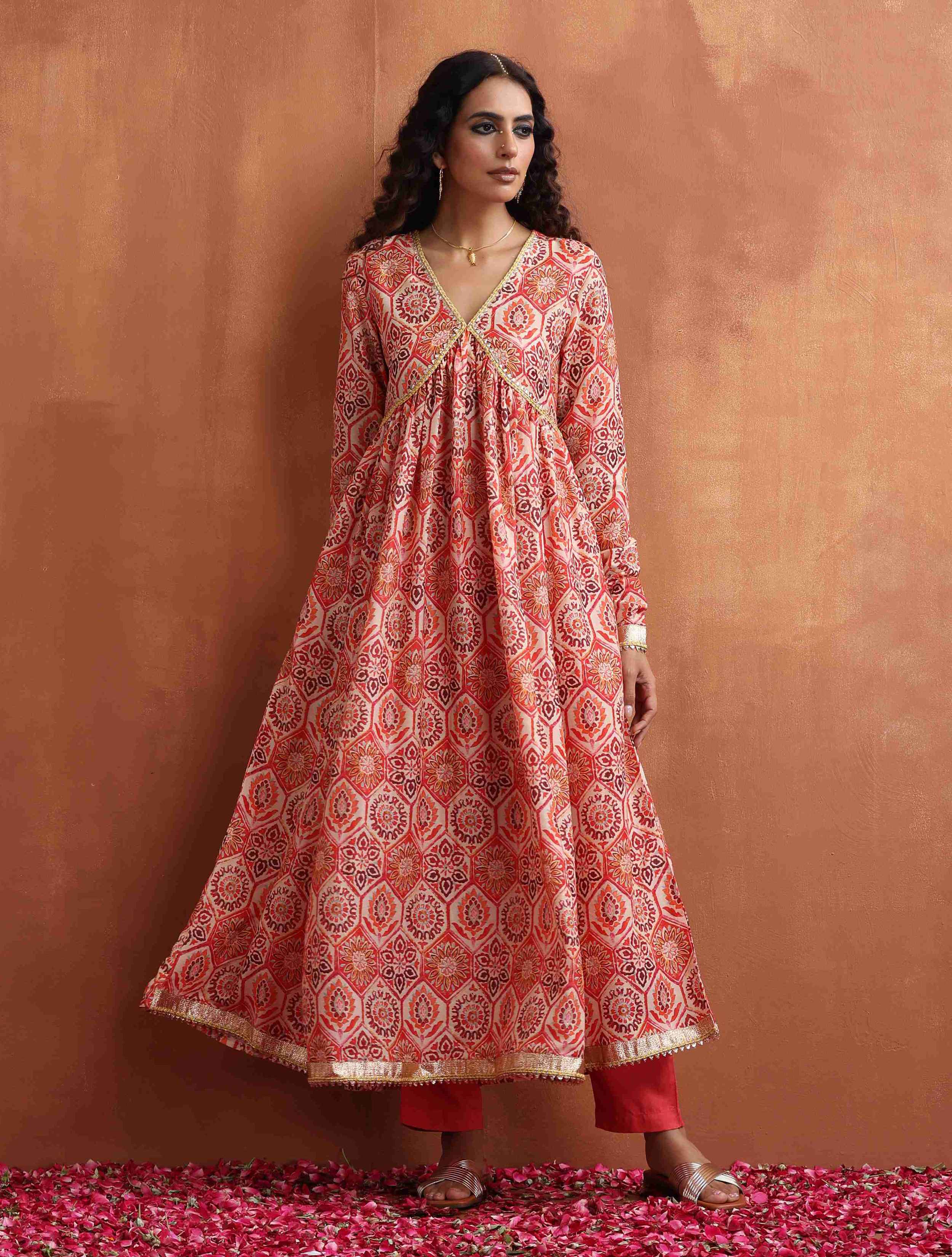 trueBrowns Beige Print Flared Anarkali Kurta Set - Distacart