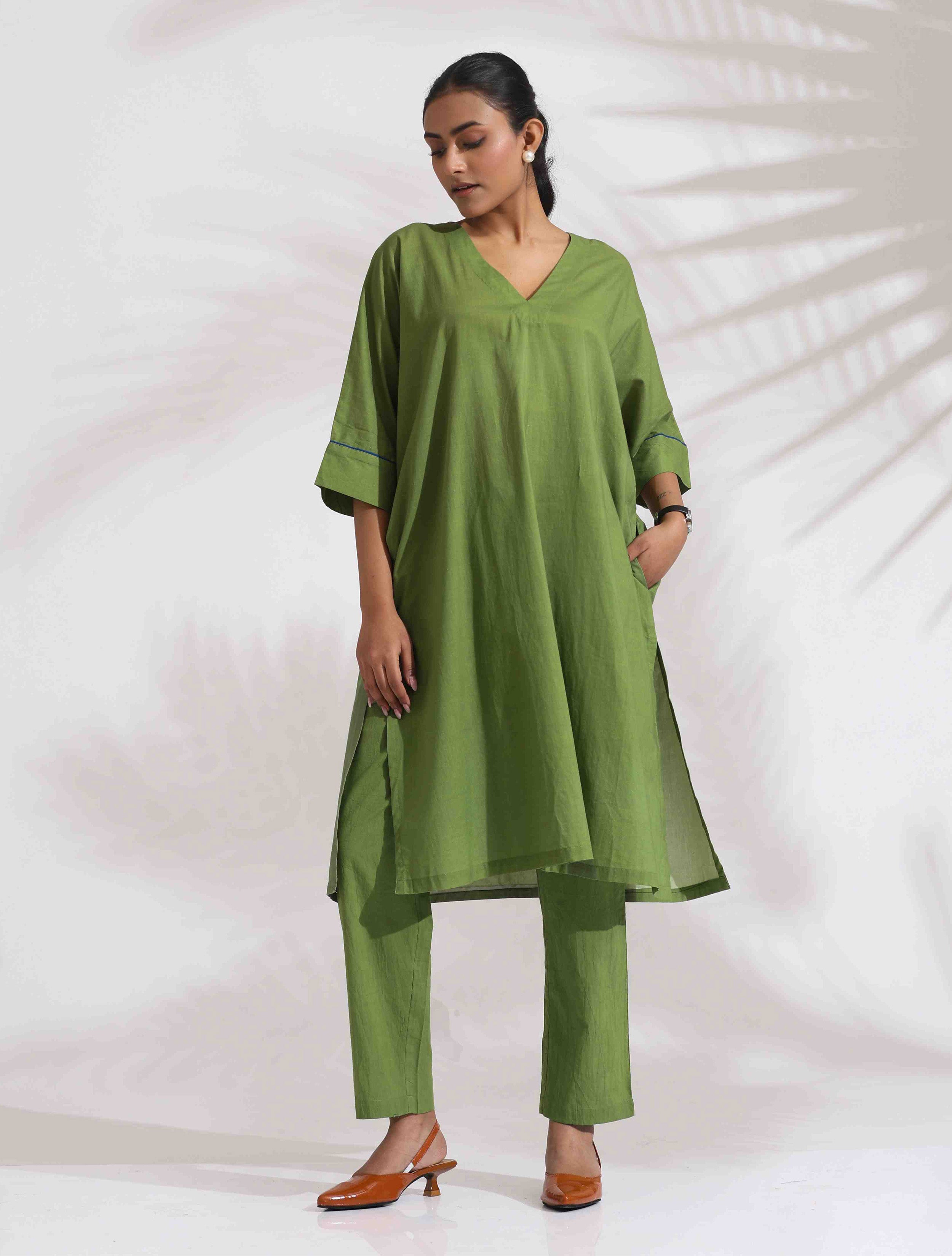 trueBrowns Green Cotton Placement Print Kurta Co-ord Set - Distacart