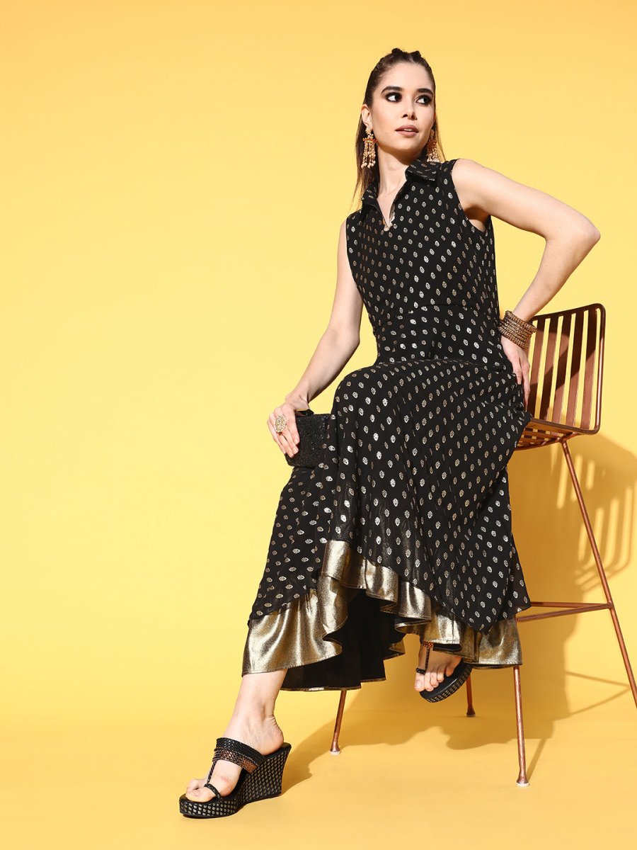 Ahalyaa Black Georgette Ethnic Motifs Printed Shirt-Collar Midi Fit & Flare Ethnic Dress - Distacart