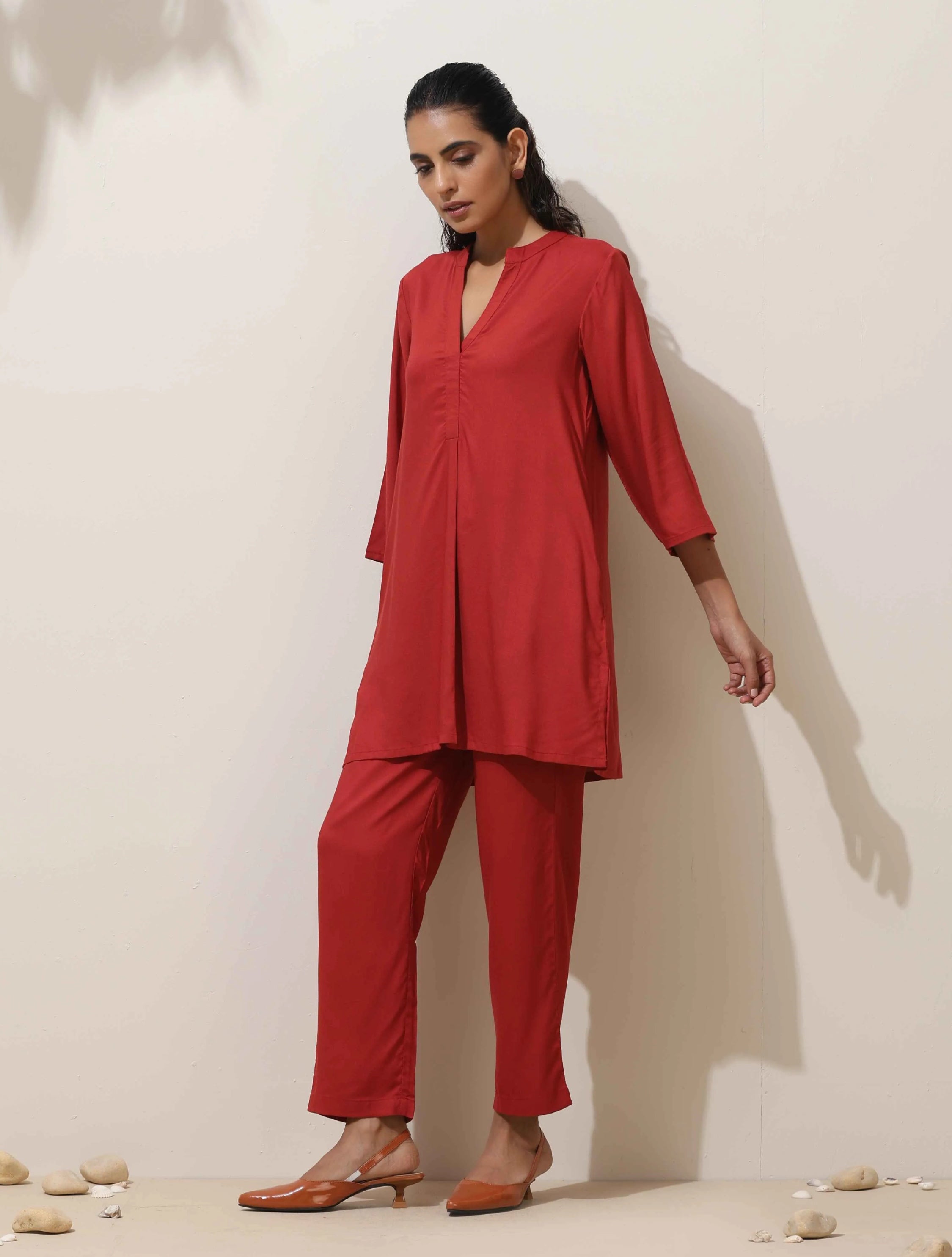 trueBrowns Maroon Viscose Solid Co-ord Set - Distacart