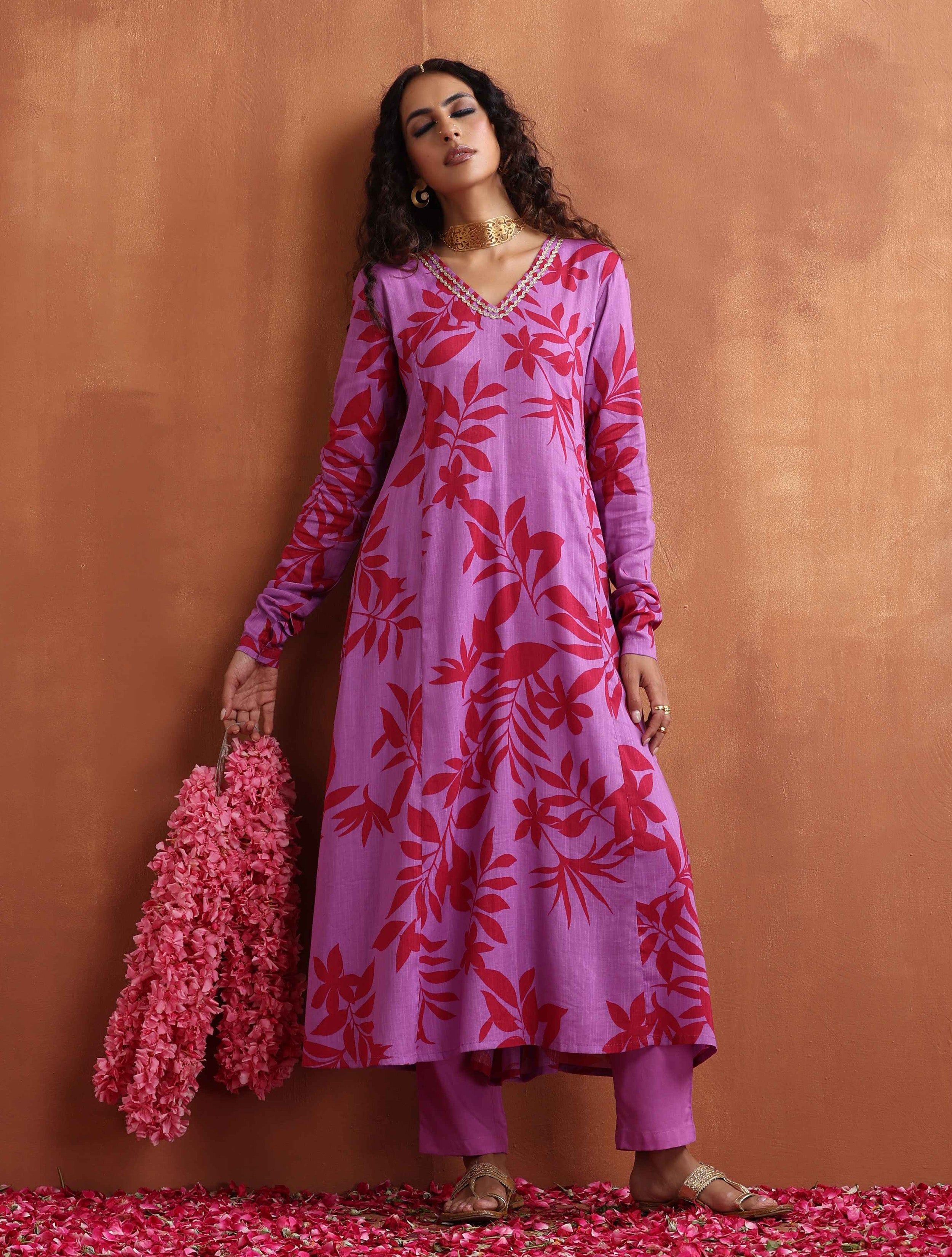 trueBrowns Purple Print A-line Kurta Set - Distacart