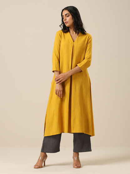 trueBrowns Mustard Yellow Slub Texture Neck Pleat Kurta Pant Set - Distacart