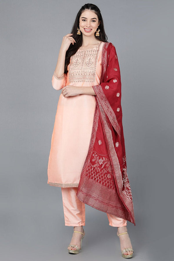 Ahika Peach Poly Silk A-Line Kurta Pant With Dupatta