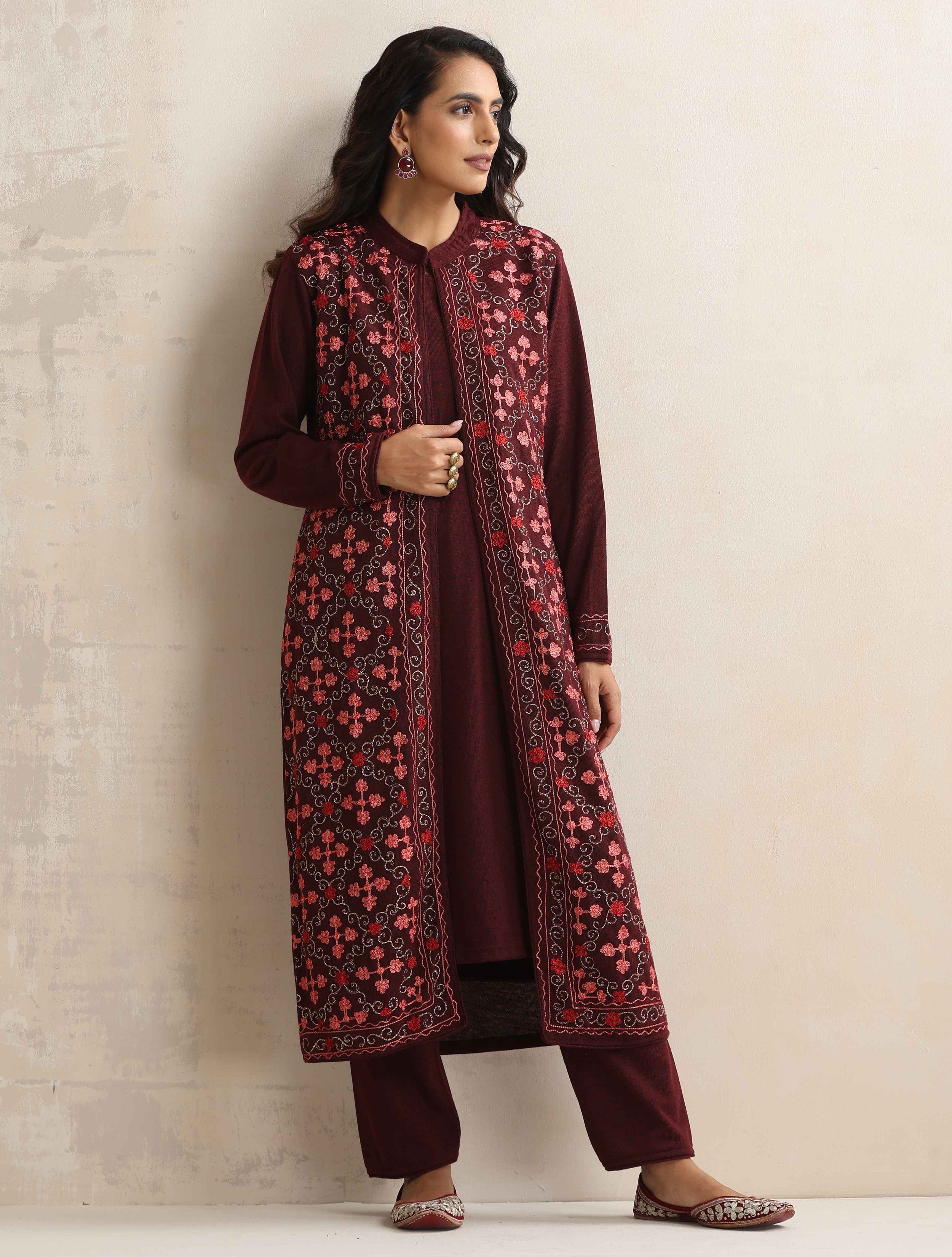 trueBrowns Purple Kashmiri Woollen Jacket 3pc Set - Distacart