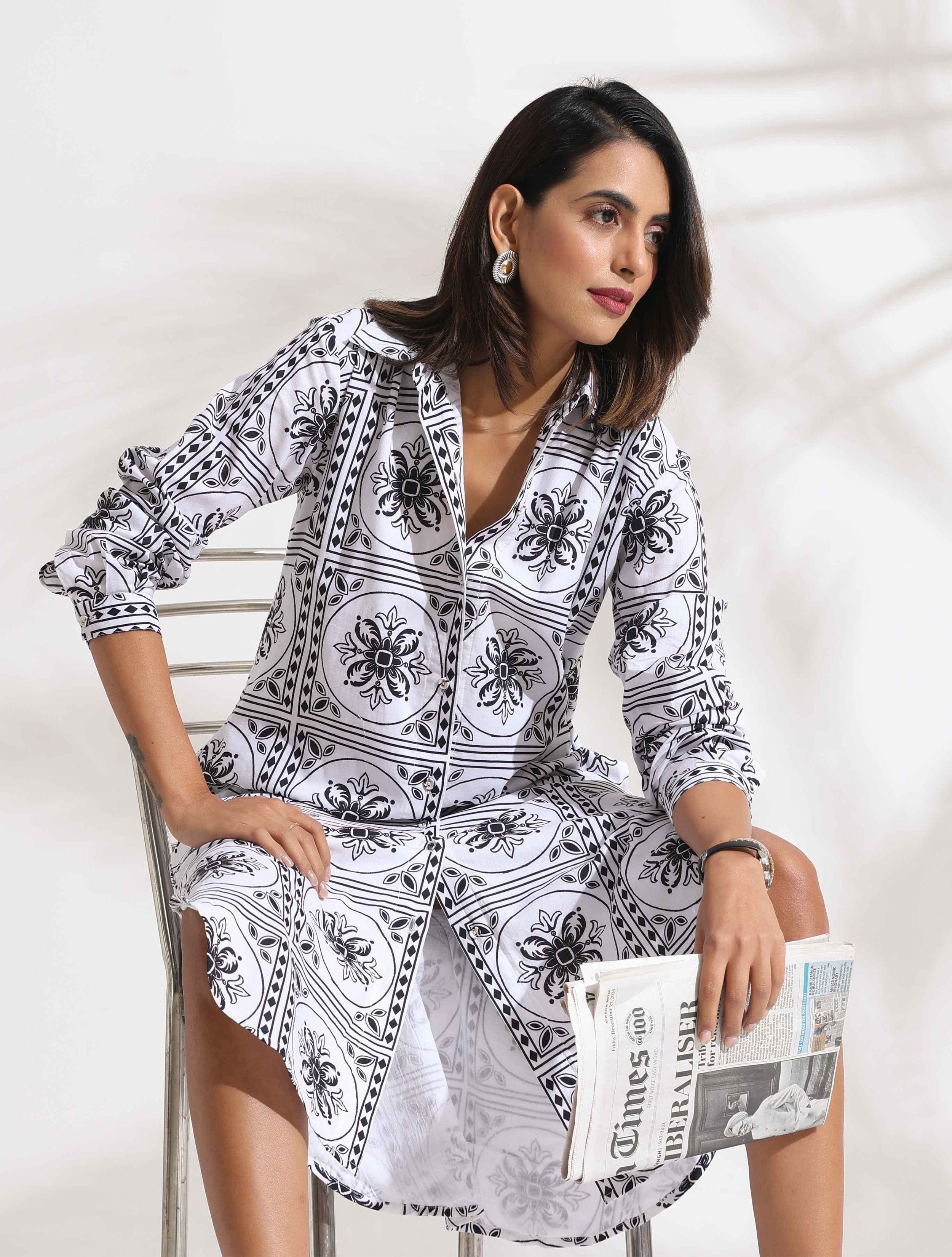 trueBrowns White Cotton Print Shirt Dress - Distacart