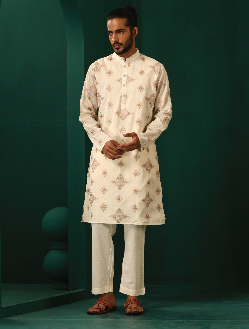 trueBrowns Men's Ivory Peach Cotton Kurta - Distacart