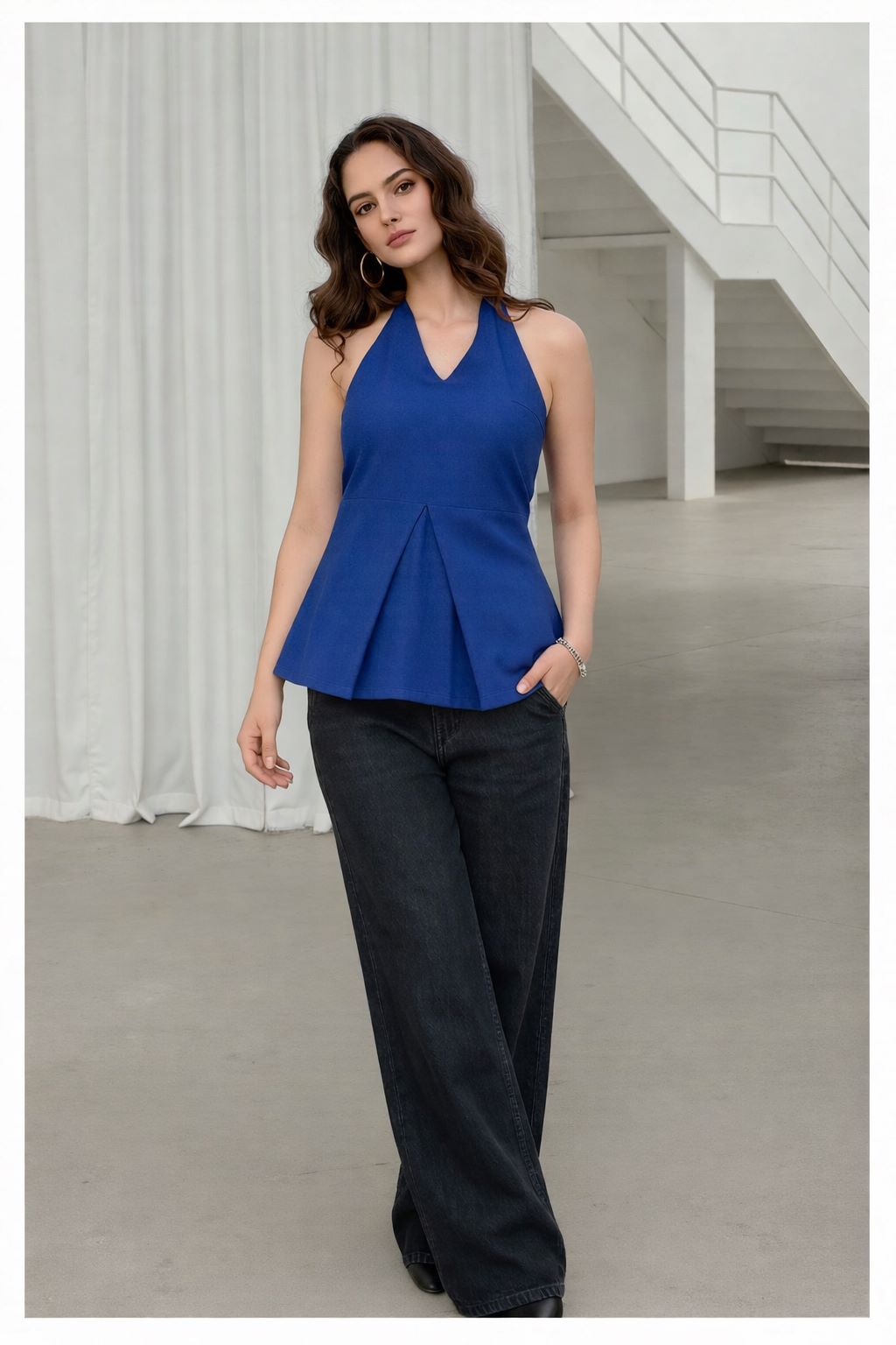 Myshka Women Blue Linen Halter Neck Tie Up Pleated Top - Dista