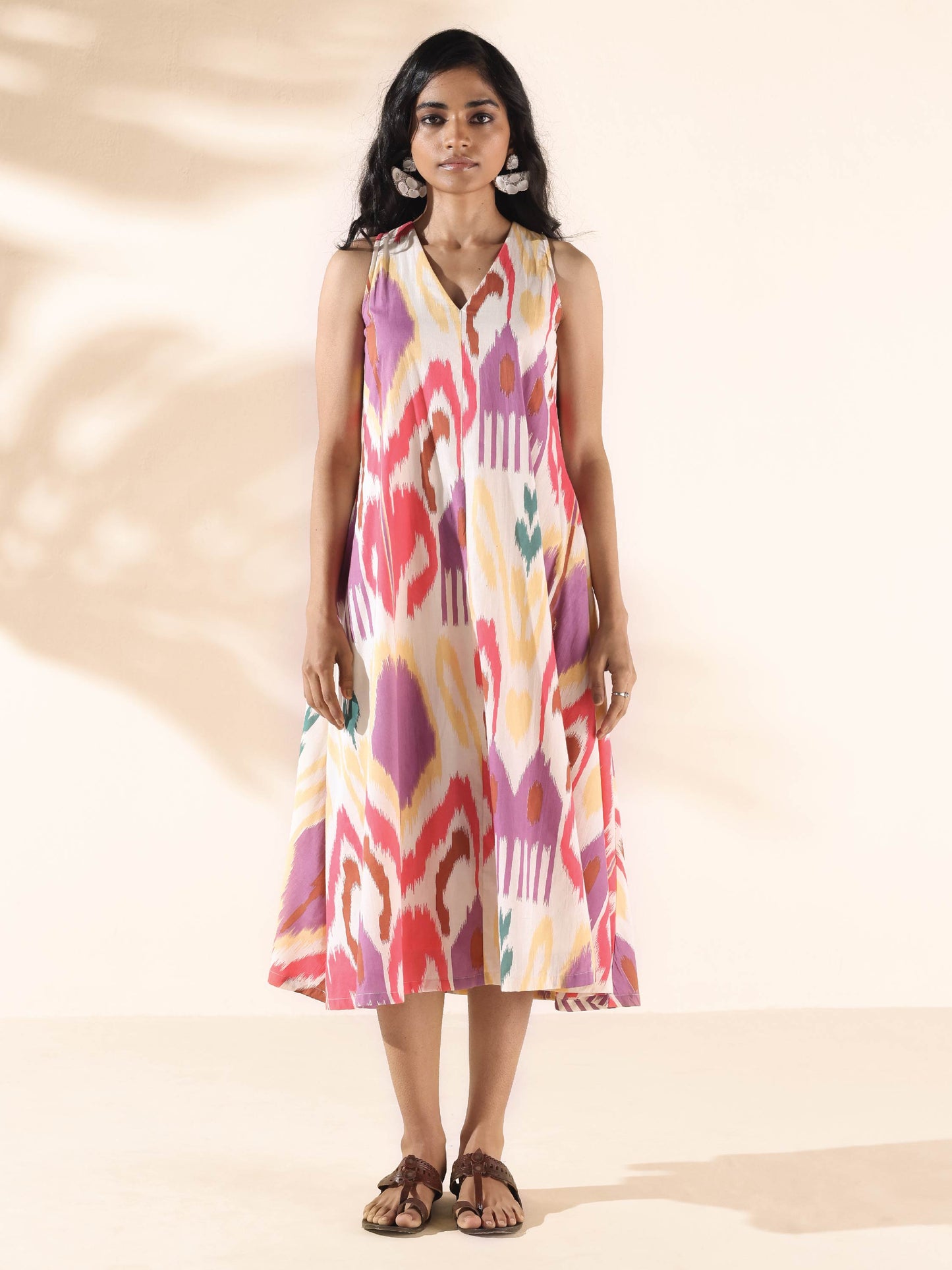 trueBrowns Pink Cotton Ikat Sleeveless Dress - Distacart