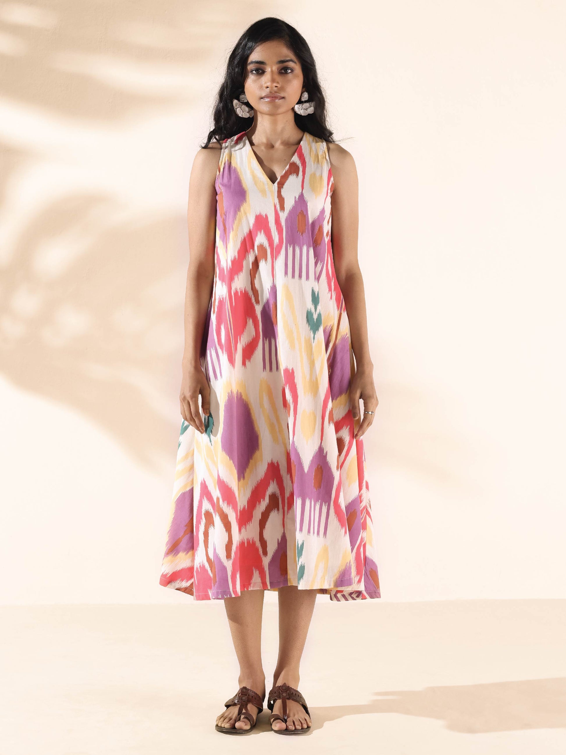 trueBrowns Pink Cotton Ikat Sleeveless Dress - Distacart