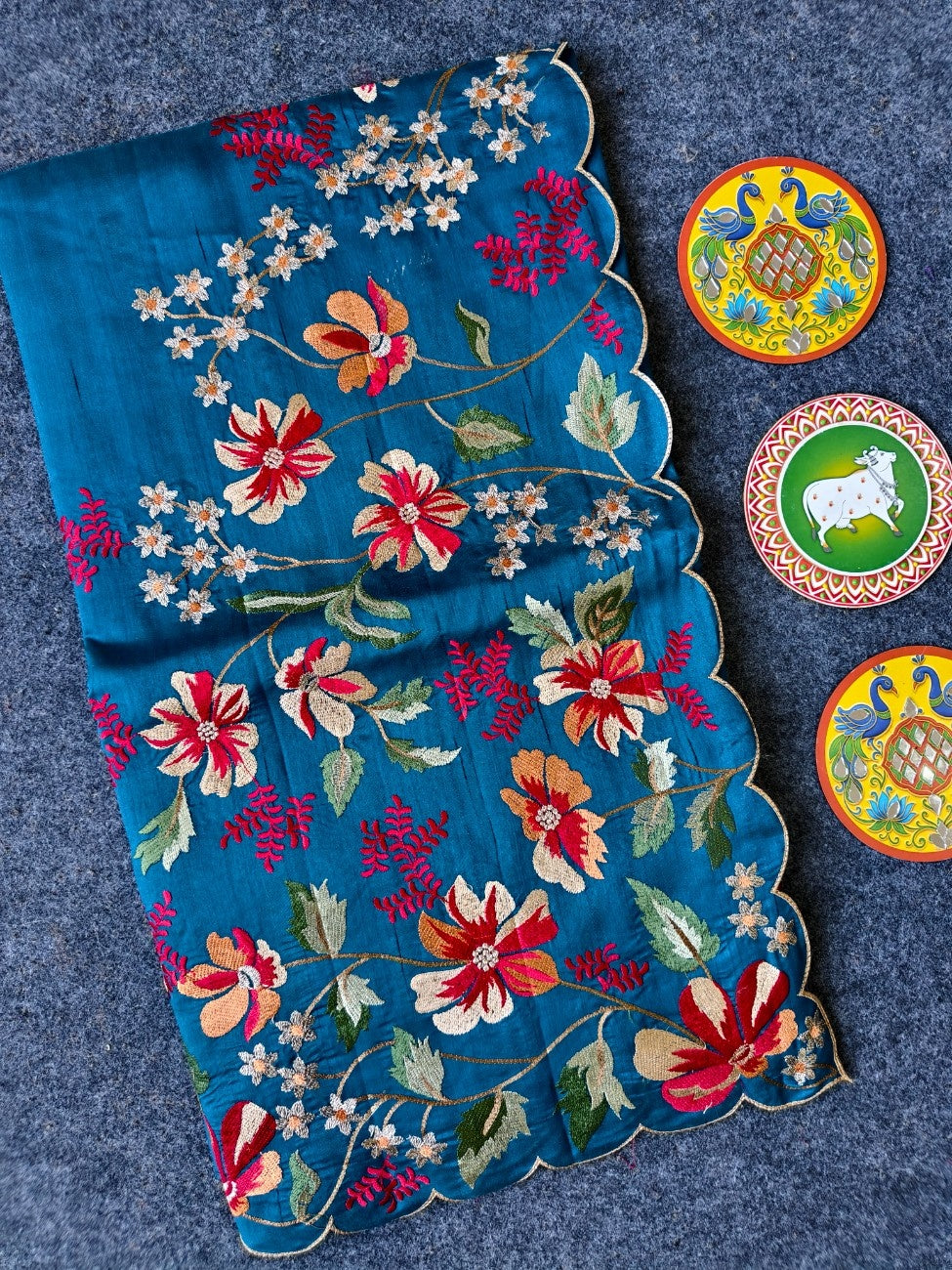 Mameraa Sarees Teal Matka Silk Saree With Heavy Floral Embroidery Border With Running Blouse-Teal - Dista