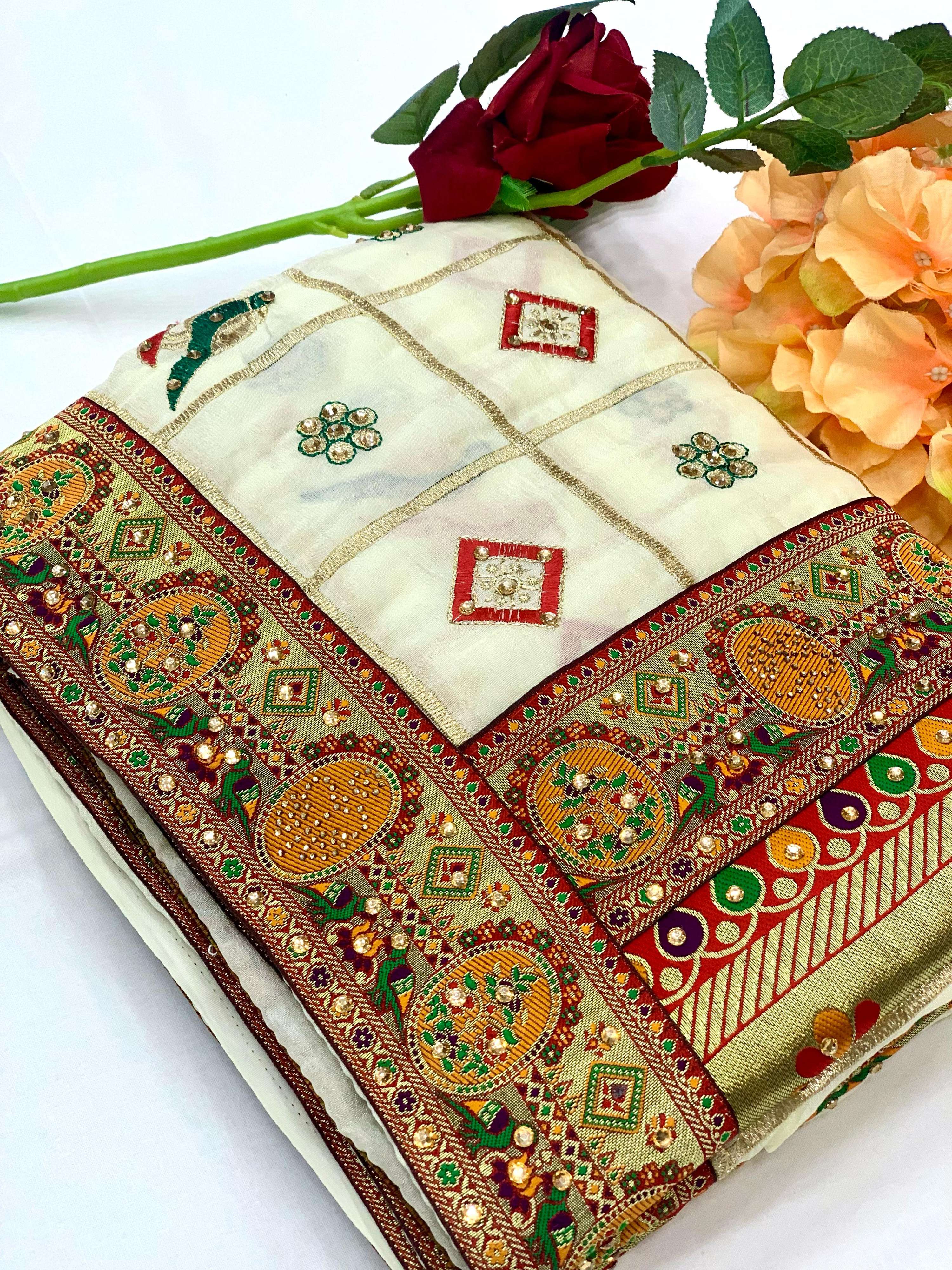 Lorenvalley Fashion Premium White Vichitra Silk Embroidery and Diamond work Both Side Saree - Distacart