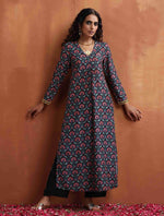 Thumbnail for trueBrowns Black Floral Print A-line Kurta Set