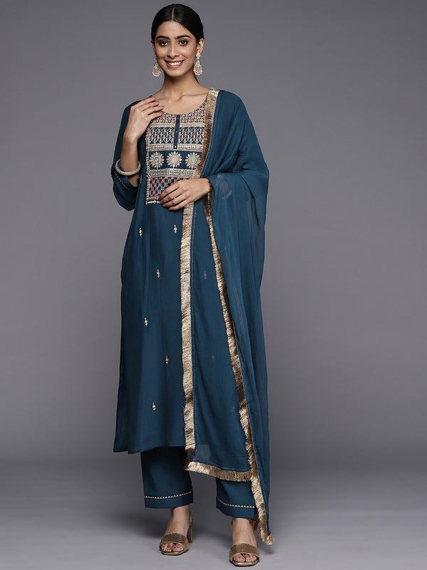 Varanga Blue Embroidered Kurta Paired With Tonal Bottom And Plain Dupatta - Distacart
