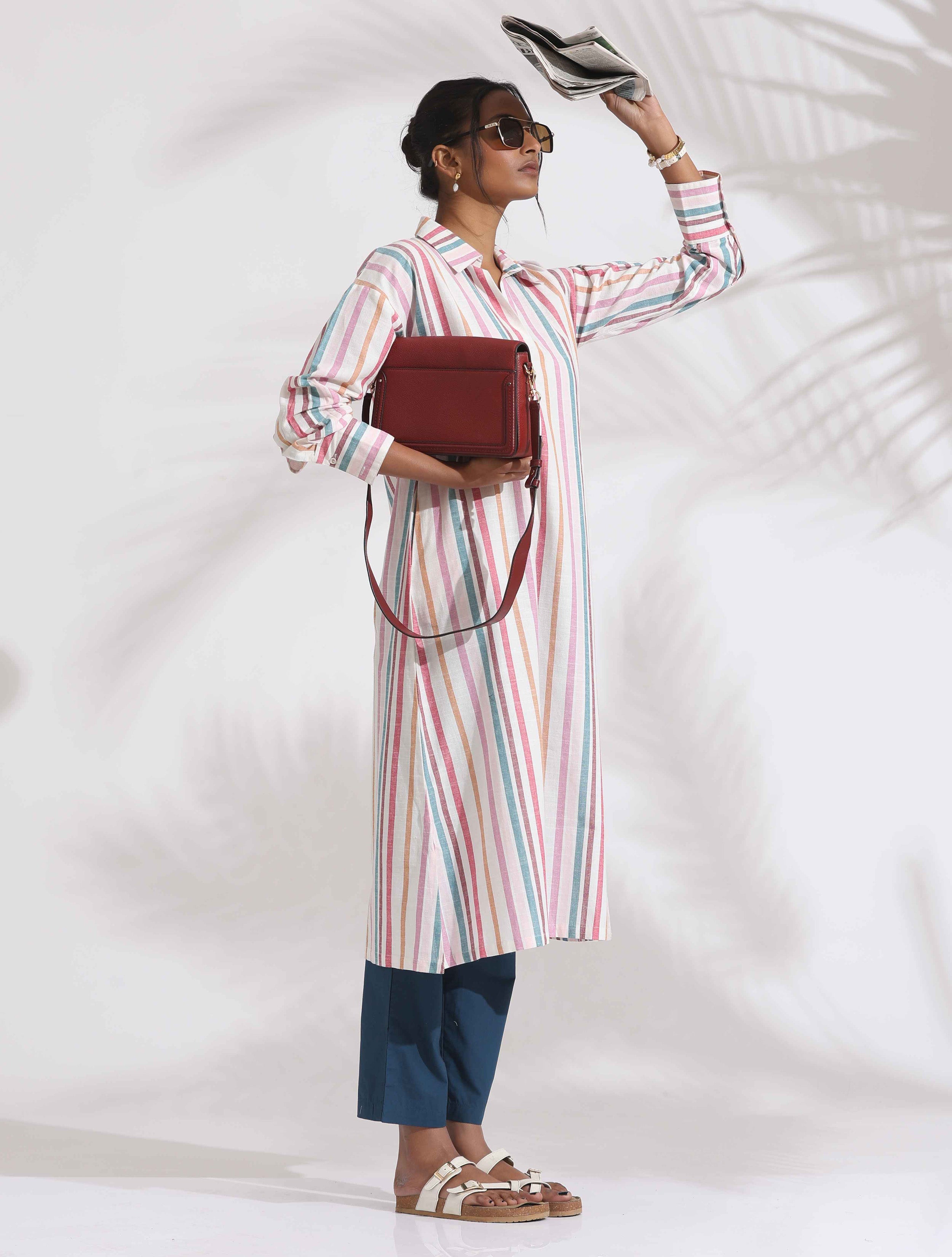 trueBrowns Off-White Cotton Multi Stripe A-line Kurta Set - Distacart