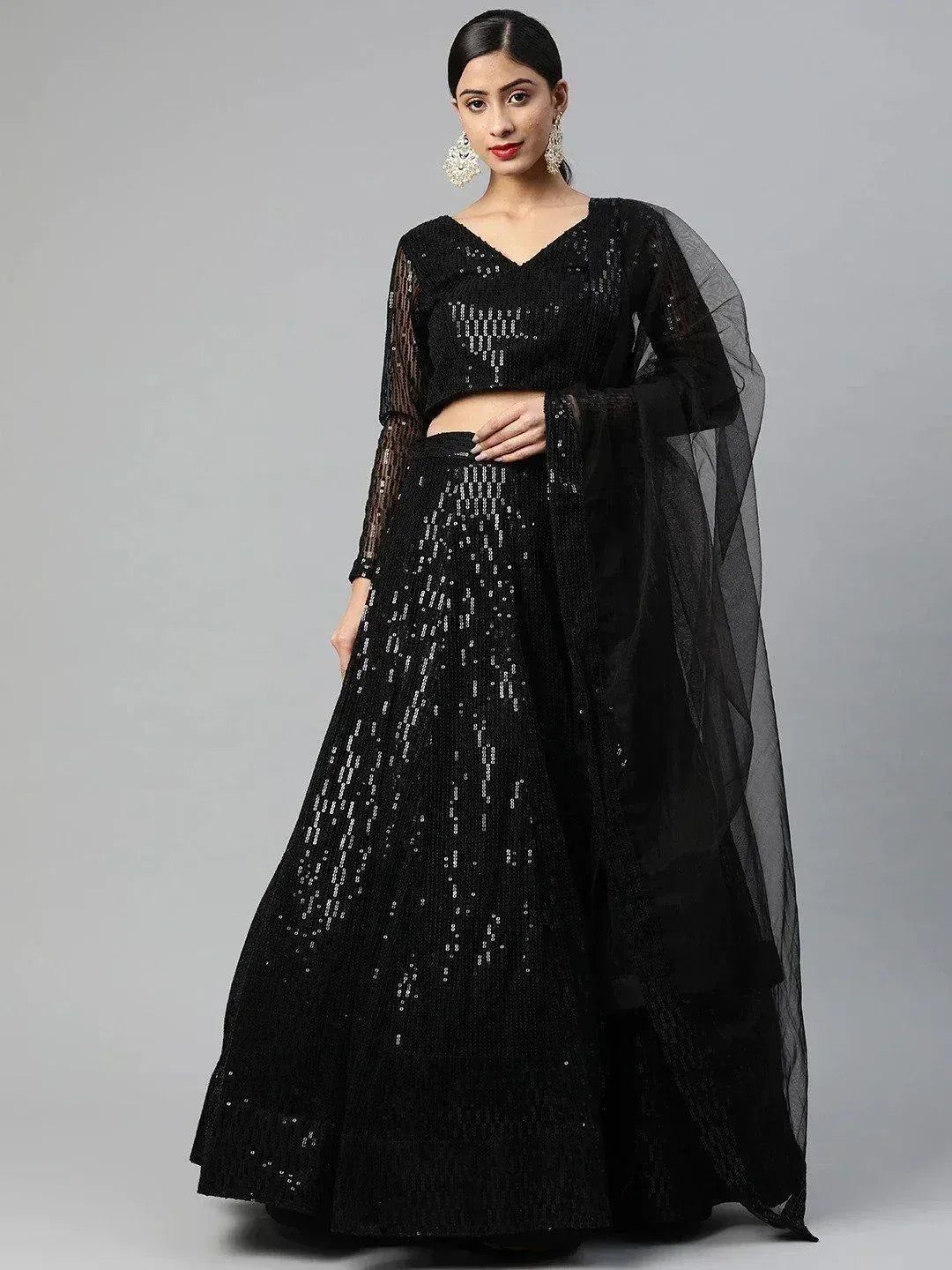 Tulsi Art Black Embroidered Sequinned Semi-Stitched Myntra Lehenga & Blouse With Dupatta - Dista