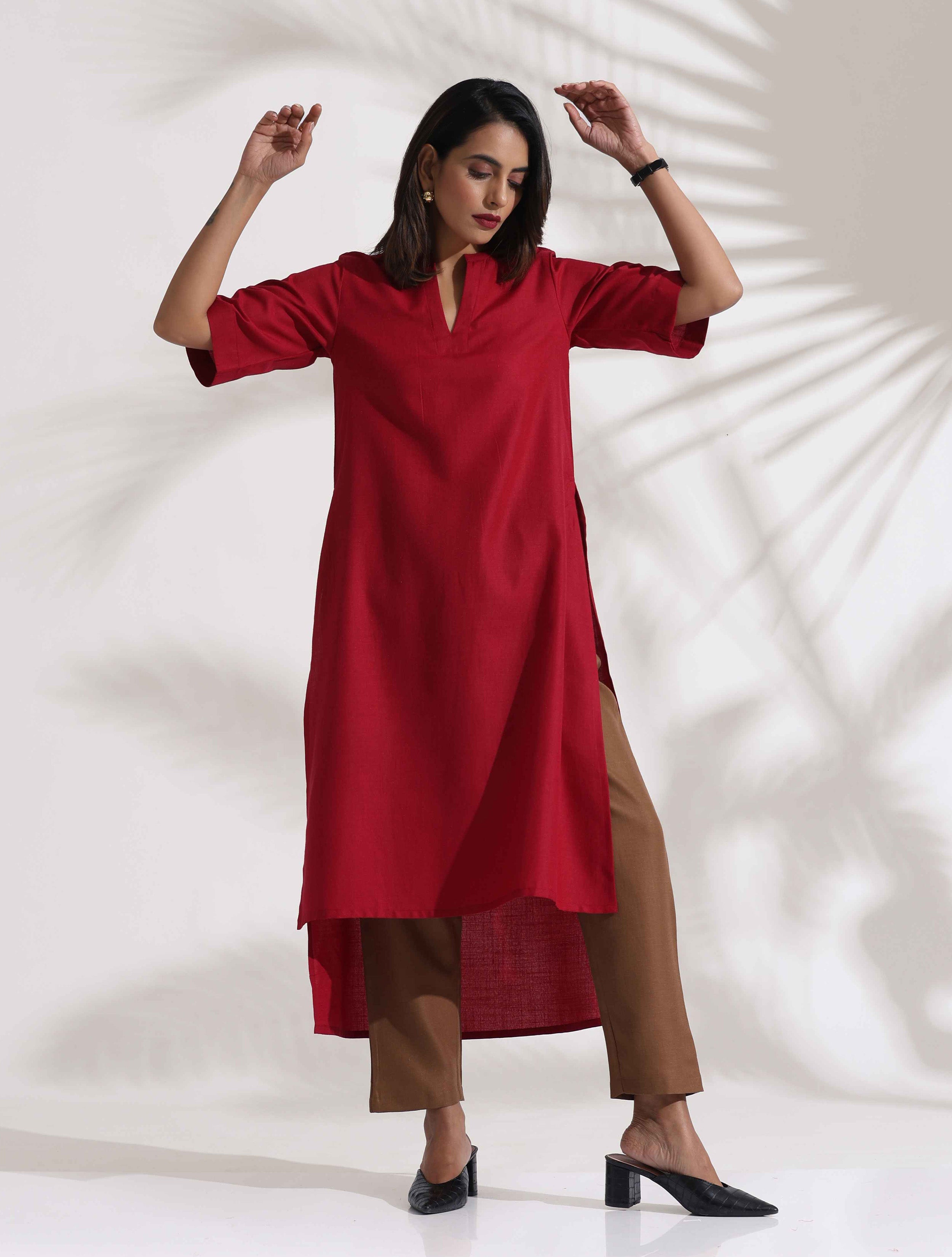 trueBrowns Maroon Slub Highslit Kurta Set - Distacart