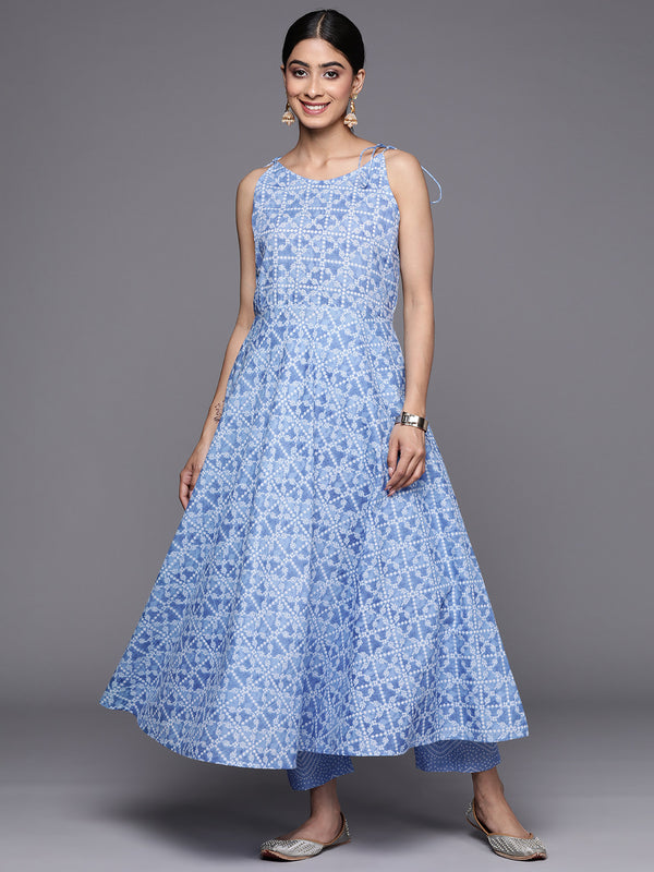 Varanga Women Blue Bandhani Printed Kurta Spaghetti Strap With Drawstring Paired With Tonal Printed Bottom - Distacart