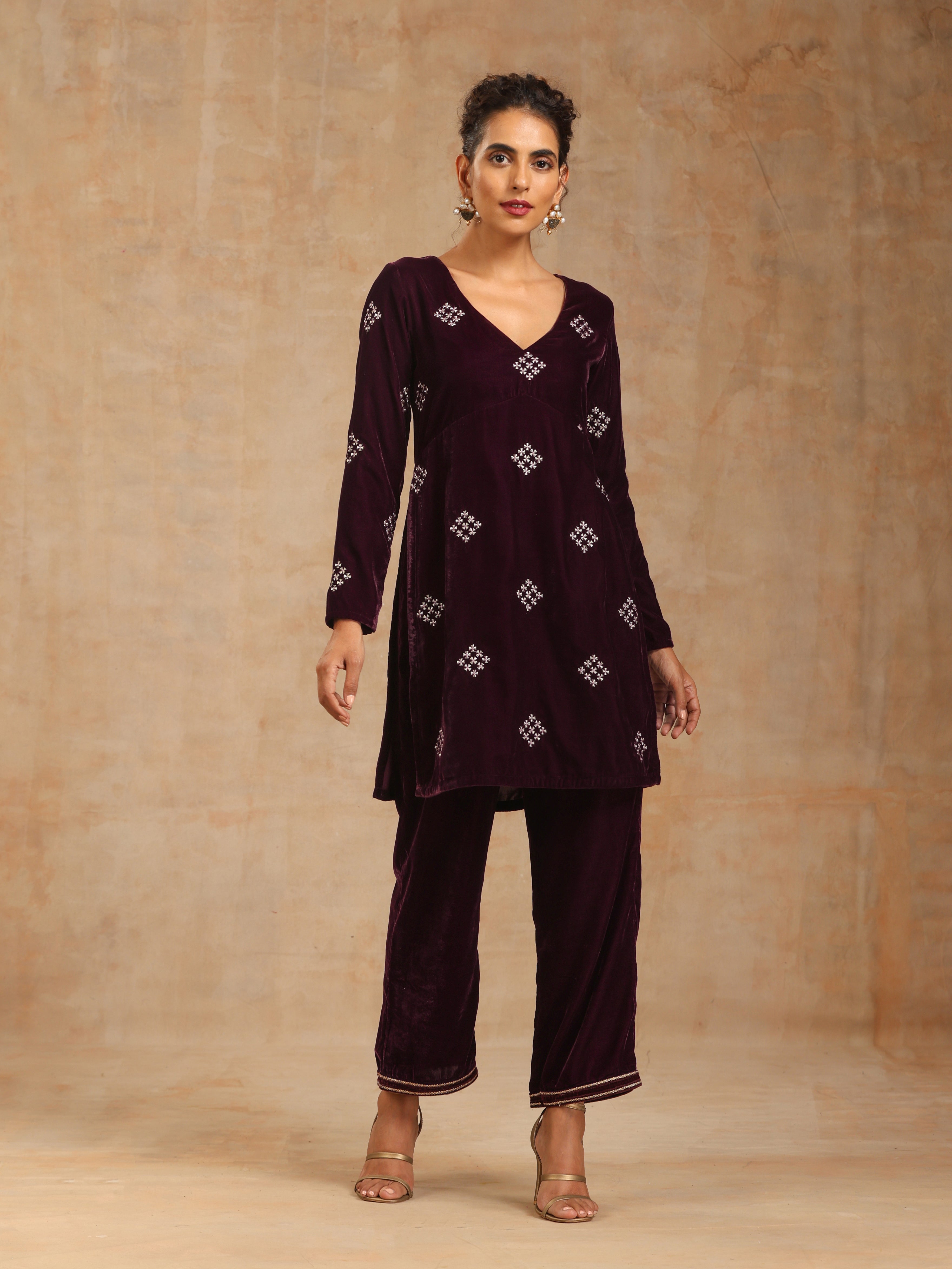 trueBrowns Wine Velvet Embroidered Co-ord Set - Distacart
