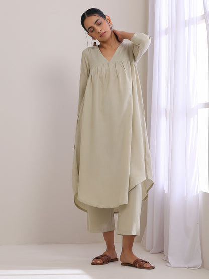 trueBrowns Light Grey Slub Gathered Kurta Pant Set - Distacart