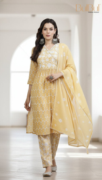 Thumbnail for BulBul Gulfam Cotton Offwhite Kurta Set with Dupatta