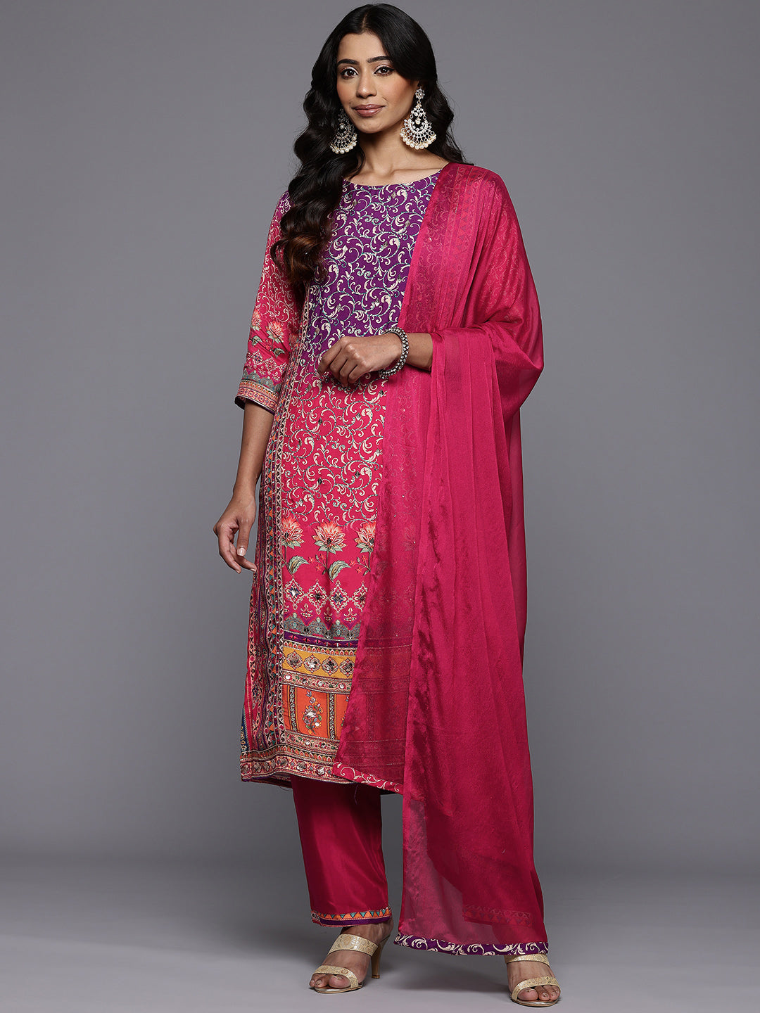 Varanga Women Purple And Pink Thread And Gotta Work Straight Kurta With Trousers And Dupatta - Distacart