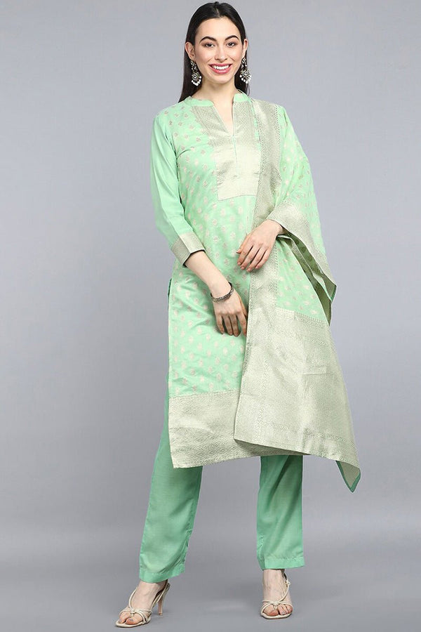 Ahika Lime Green Poly Chanderi Straight Kurta Pant With Dupatta