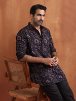 Thumbnail for trueBrowns Men's Black Floral Printed Short Kurta