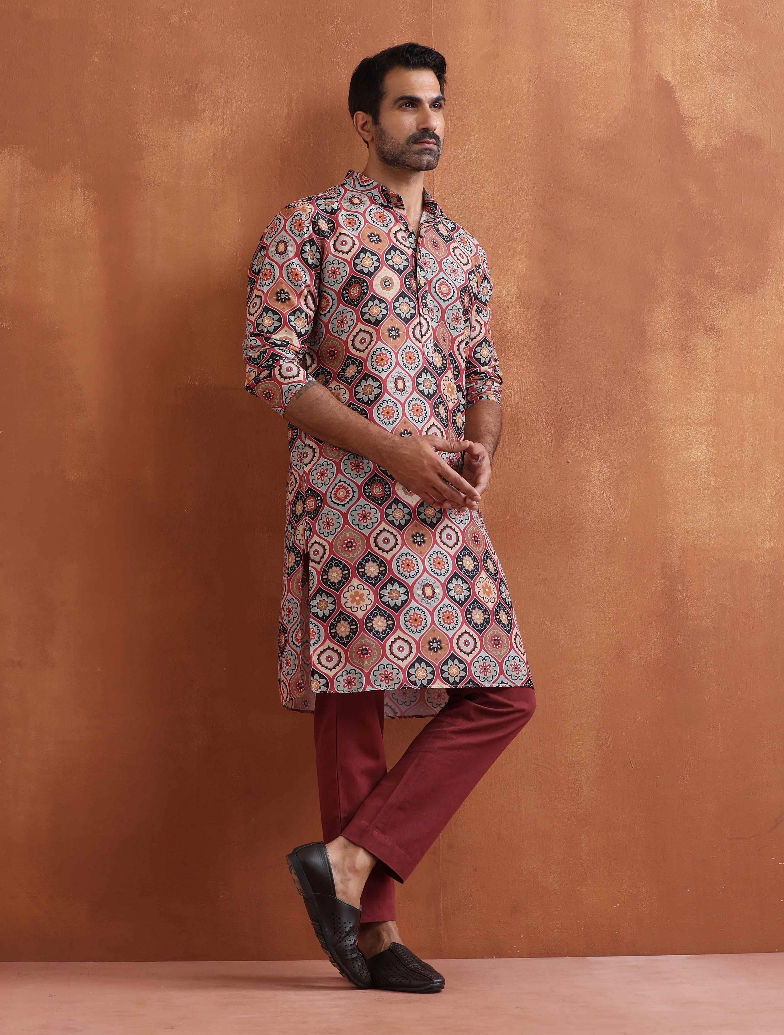 trueBrowns Men's Rust Geometric Printed Kurta - Distacart