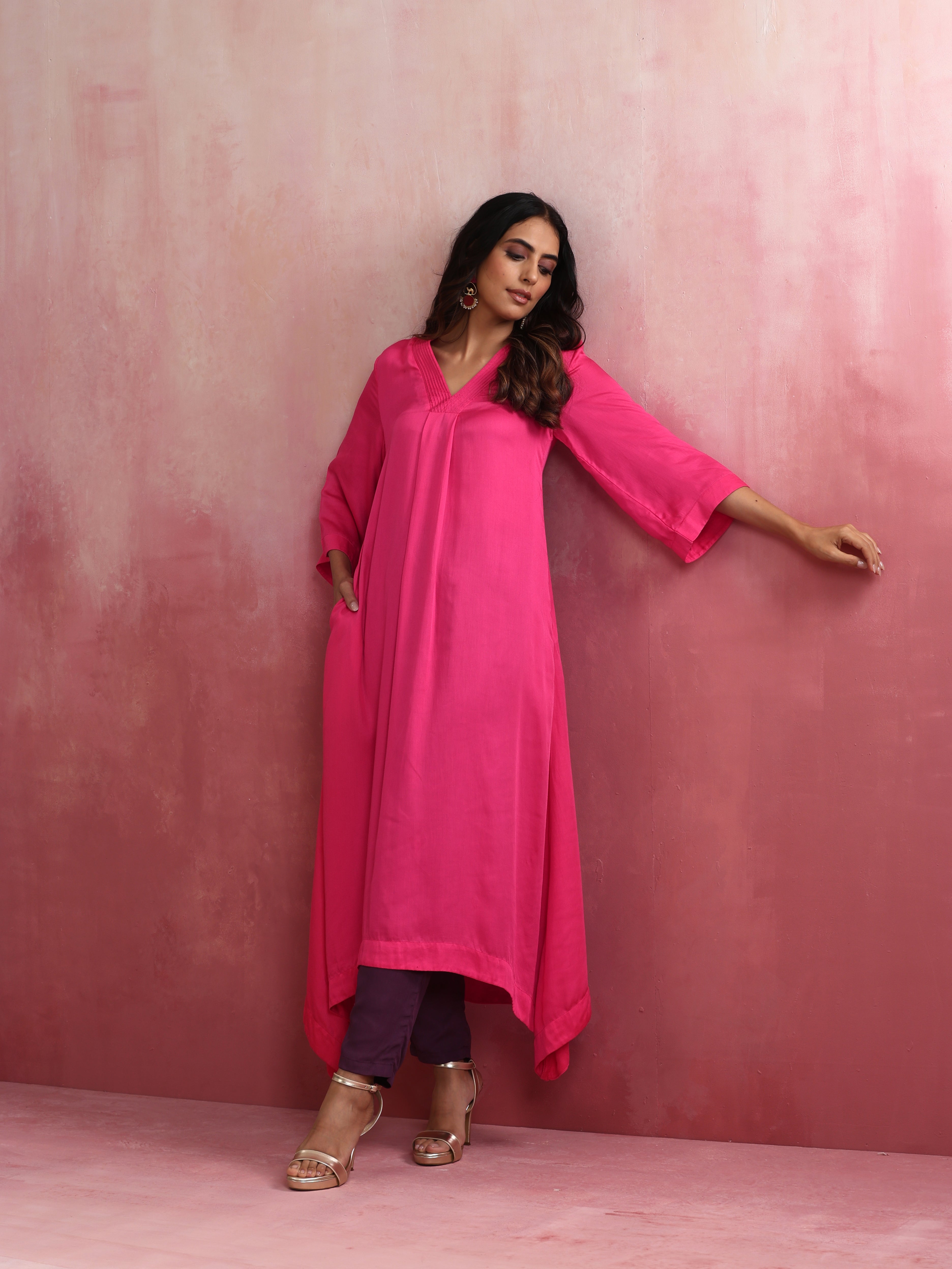 trueBrowns Pink Modal Boxpleat Kurta Set - Distacart