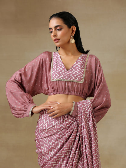 trueBrowns Dark Mauve Bandhani Printed Silk Elasticated Blouse - Distacart